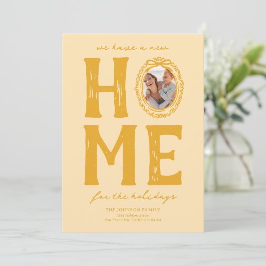 Nieuw huis gele krabbel kerstvakantie feestdagenkaart (Staand voorkant)