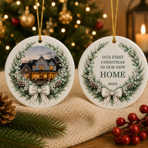 Nieuw huis Kerst foto krans lint Keramisch Ornament