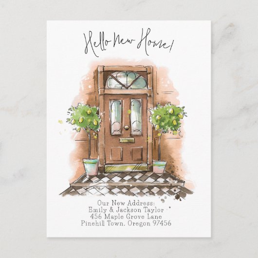 Nieuw huis - Modern nieuw adres watercolordeur  Aankondigingskaart (Voorkant)