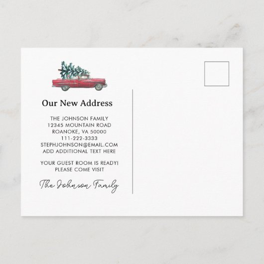 Nieuw Huis  Rode Auto Kerstboom Bewegen Aankondigingskaart (Achterkant)