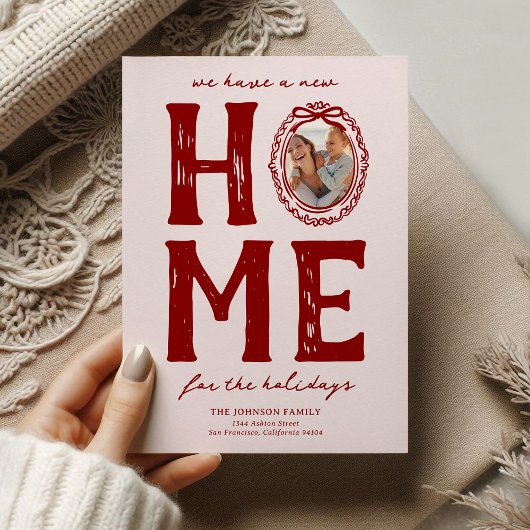 Nieuw huis roze rood krabbel kerstvakantie feestdagenkaart