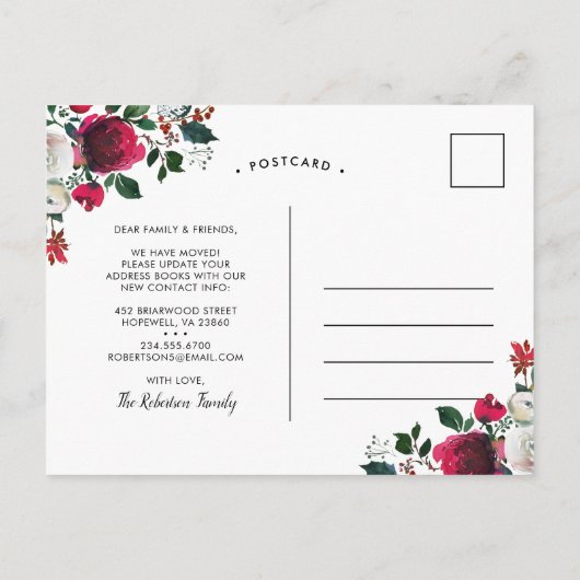 Nieuw huis voor de Feestdagen Winter Bloemen Beweg Aankondigingskaart (Achterkant)