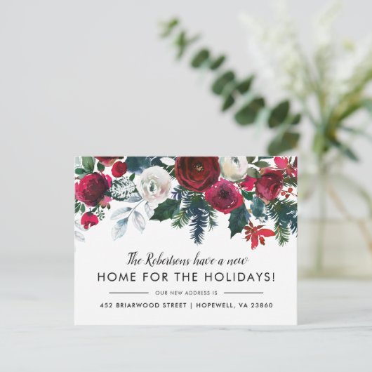 Nieuw huis voor de Feestdagen Winter Bloemen Beweg Aankondigingskaart (Staand voorkant)