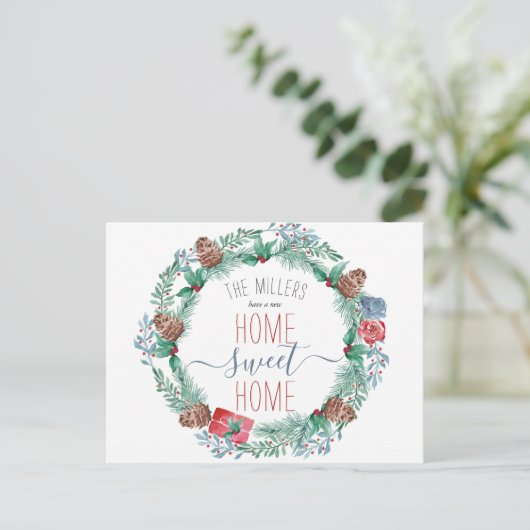 Nieuw huis zoet thuis Dennenkrans Kersthuis verhui Aankondigingskaart (Staand voorkant)