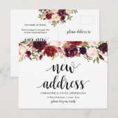 Nieuw huisadres, bordeaux bloemen, Aankondiging Briefkaart (Voorkant / Achterkant)