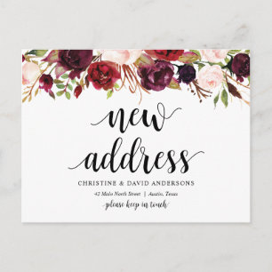 Nieuw huisadres, bordeaux bloemen, Aankondiging Briefkaart