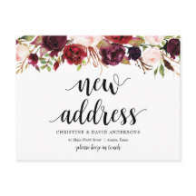 Nieuw huisadres, bordeaux bloemen, Aankondiging