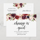 Nieuw huisadres, bordeaux bloemen, Aankondiging Briefkaart (Voorkant / Achterkant)