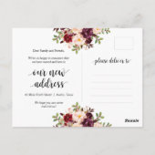 Nieuw huisadres, bordeaux bloemen, Aankondiging Briefkaart (Achterkant)