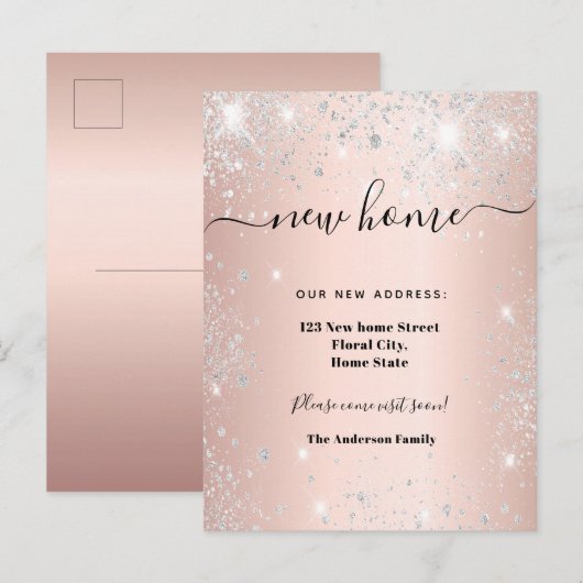 Nieuw huisadres roos gouden zilverglitter aankondigingskaart (Voorkant / Achterkant)