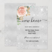 Nieuw huisadres zilverkleurige roos goudglitter aankondiging (Voorkant / Achterkant)