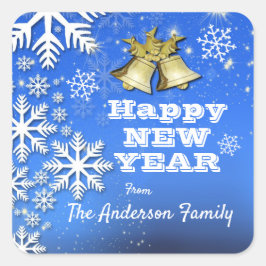 Nieuw jaar 2001: Snowflakes en Bells Custom Text Vierkante Sticker