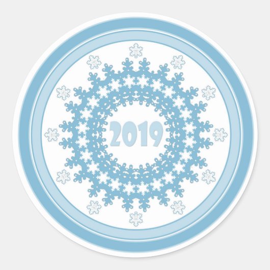 Nieuw jaar 2019 rond lijst sneeuwvlok blauw wit ronde sticker (Voorkant)
