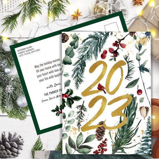 Nieuw jaar 2023 Gold Confetti Festive Pine Bough Briefkaart