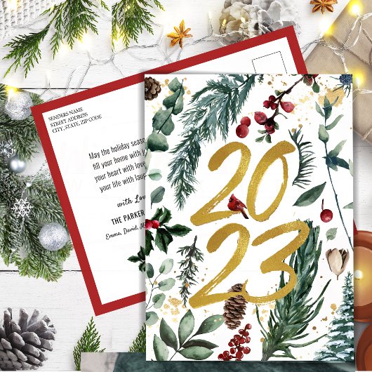 Nieuw jaar 2023 Gold Confetti Festive Pine Bough Briefkaart