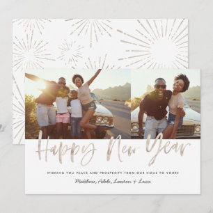 Nieuw jaar 2 foto modern zilver script elegant feestdagenkaart