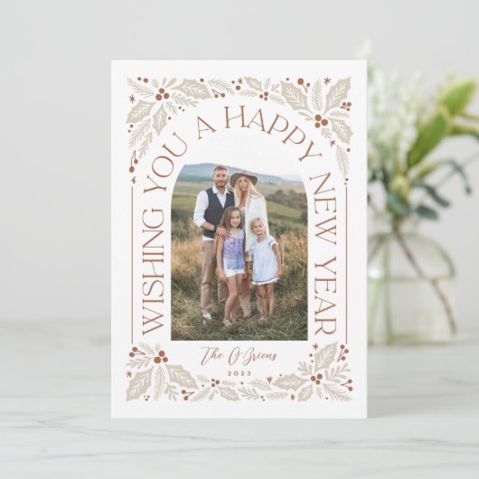 Nieuw jaar Arch Berry Neutral 3 Foto Collage Feestdagenkaart (Staand voorkant)