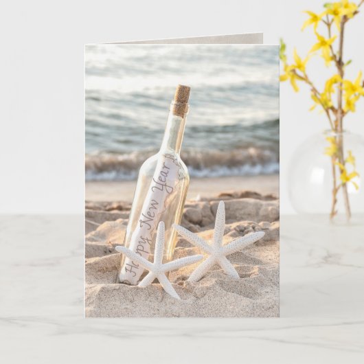 Nieuw jaar bericht op fles en zeester kaart (Gele Bloem)