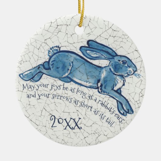 Nieuw jaar Blauw konijn Bunny Delft Dedham Keramisch Ornament (Voorkant)