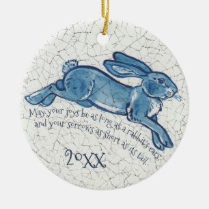Nieuw jaar Blue White Rabbit Bunny Delft Dedham Keramisch Ornament
