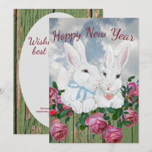 Nieuw jaar Bunny Rabbit Pink Rose Inspirerend Cute Feestdagenkaart