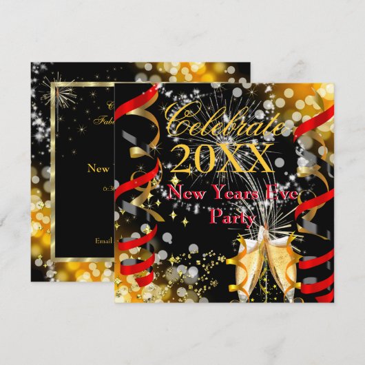 Nieuw jaar: Champagne Festive Red Gold Kaart (Voorkant / Achterkant)