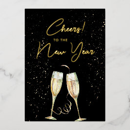 Nieuw jaar Champagne Glasses Modern Script Folie Feestdagenkaart
