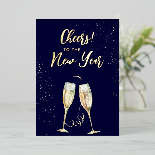 Nieuw jaar Champagne Glasses Navy Folie Holiday Ka Folie Feestdagenkaart (Staand Voorkant)