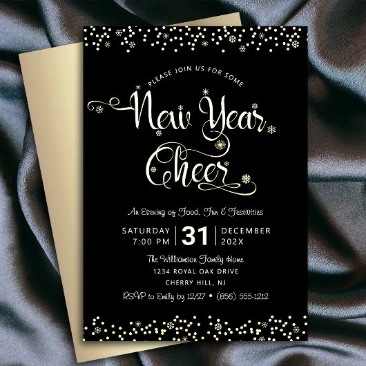 Nieuw jaar Cheer Script Party Chic Black Real Gold Folie Uitnodiging