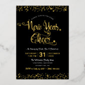 Nieuw jaar Cheer Script Party Chic Black Real Gold Folie Uitnodiging (Voorkant)