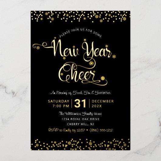 Nieuw jaar Cheer Script Party Chic Black Real Gold Folie Uitnodiging (Voorkant)