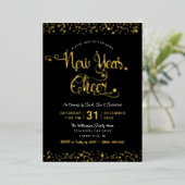 Nieuw jaar Cheer Script Party Chic Black Real Gold Folie Uitnodiging (Staand Voorkant)