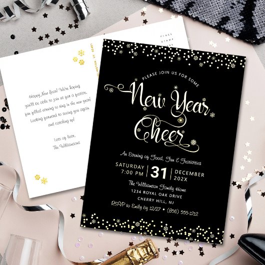 Nieuw jaar Cheer Script Party Chic Black Real Gold Folie Uitnodiging Briefkaart