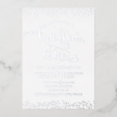 Nieuw jaar Cheer Script Party Chic White Real Silv Folie Uitnodiging (Voorkant)