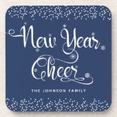 Nieuw jaar Cheer White Script Snowflakes Navy Cust Bier Onderzetter (Voorkant)