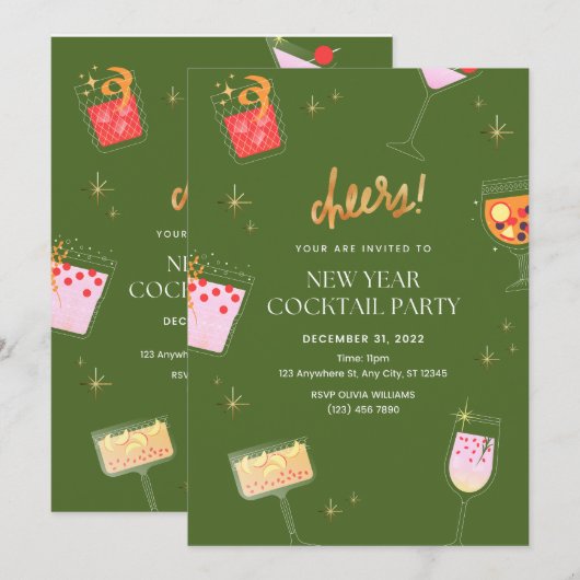 Nieuw jaar cocktailparty kaart (Voorkant / Achterkant)