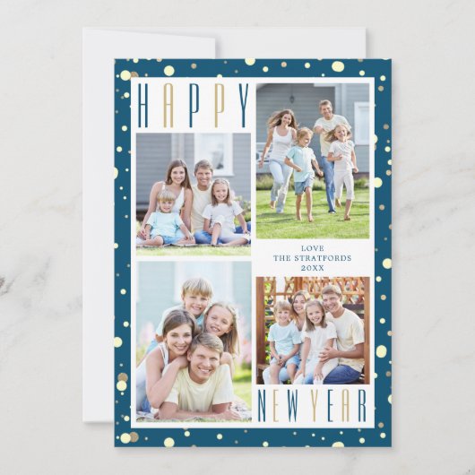 NIEUW JAAR Foto Collage Blue Gold Confetti Feestdagenkaart (Voorkant)