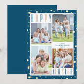NIEUW JAAR Foto Collage Blue Gold Confetti Feestdagenkaart (Voorkant / Achterkant)