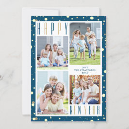 NIEUW JAAR Foto Collage Blue Gold Confetti Feestdagenkaart