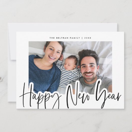 Nieuw jaar foto van Chic Black & White Script Feestdagenkaart (Voorkant)