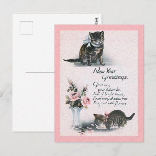 NIEUW JAAR GREETTE katten & bloemen Briefkaart (Voorkant / Achterkant)