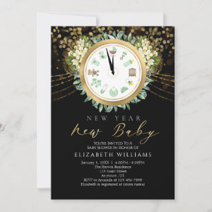 Nieuw jaar: New Baby Clock Gold Black Baby shower Kaart