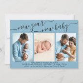 Nieuw jaar Nieuw Baby Elegant Script 3 Foto Blauw Feestdagenkaart (Voorkant)