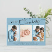 Nieuw jaar Nieuw Baby Elegant Script 3 Foto Blauw Feestdagenkaart (Staand voorkant)