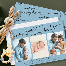 Nieuw jaar Nieuw Baby Elegant Script 3 Foto Blauw Feestdagenkaart