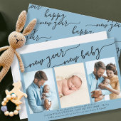 Nieuw jaar Nieuw Baby Elegant Script 3 Foto Blauw Feestdagenkaart
