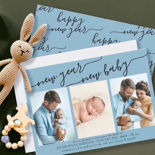Nieuw jaar Nieuw Baby Elegant Script 3 Foto Blauw Feestdagenkaart