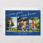 Nieuw jaar Nieuw-Home Elegant Script 3 Foto Blue Feestdagenkaart (Voorkant)