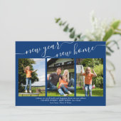 Nieuw jaar Nieuw-Home Elegant Script 3 Foto Blue Feestdagenkaart (Staand voorkant)