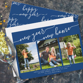 Nieuw jaar Nieuw-Home Elegant Script 3 Foto Blue Feestdagenkaart